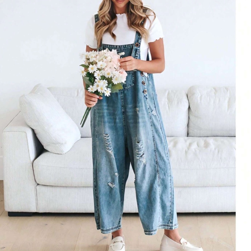 Dark Blue Distressed Wide Leg Adjustable Strap Denim Jean Overalls - Picture 2 of 9